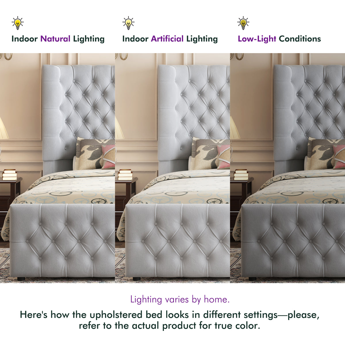 Plush Curved Wingback Bed Frame - Queen Bed Light Gray