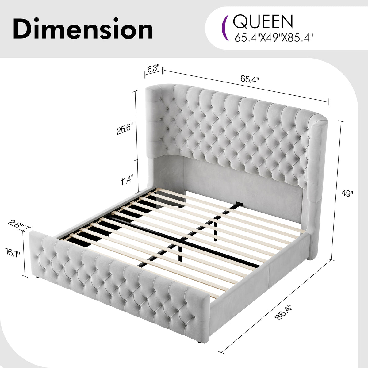 Plush Curved Wingback Bed Frame - Queen Bed Light Gray