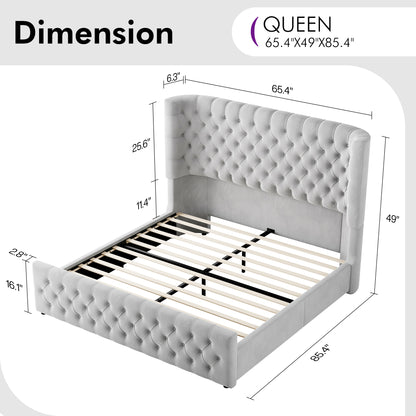 Plush Curved Wingback Bed Frame - Queen Bed Light Gray