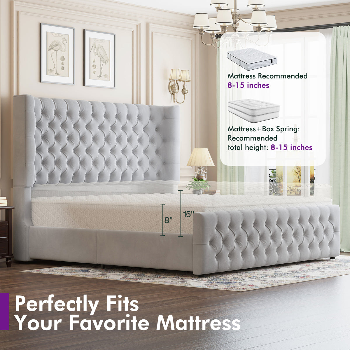 Plush Curved Wingback Bed Frame - Queen Bed Light Gray
