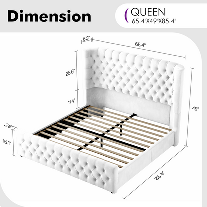 Plush Curved Wingback Bed Frame - Queen Bed White