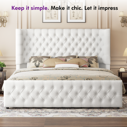 Plush Curved Wingback Bed Frame - Queen Bed White