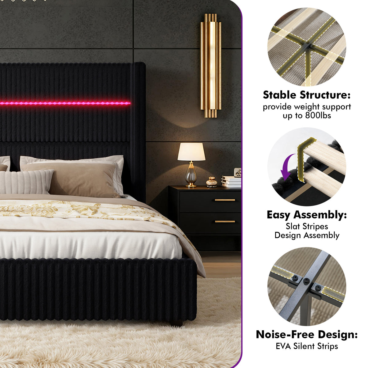 Muff LED Storage Bed Frame Amerlife-BUB141 F Black