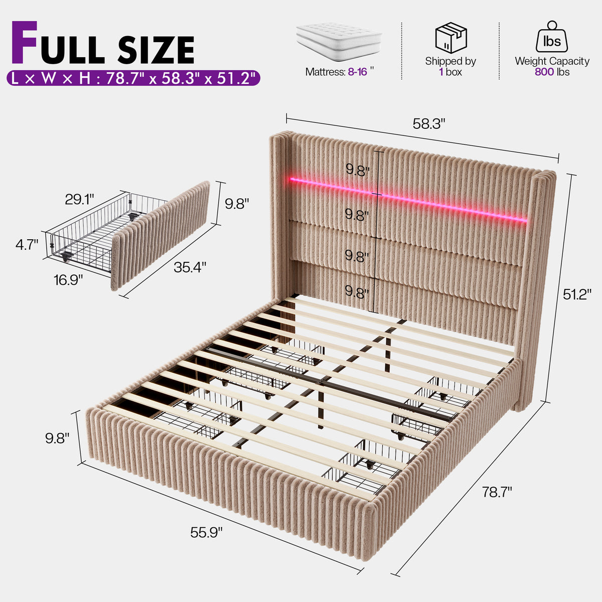 Muff LED Storage Bed Frame Amerlife-BUB141 F Khaki