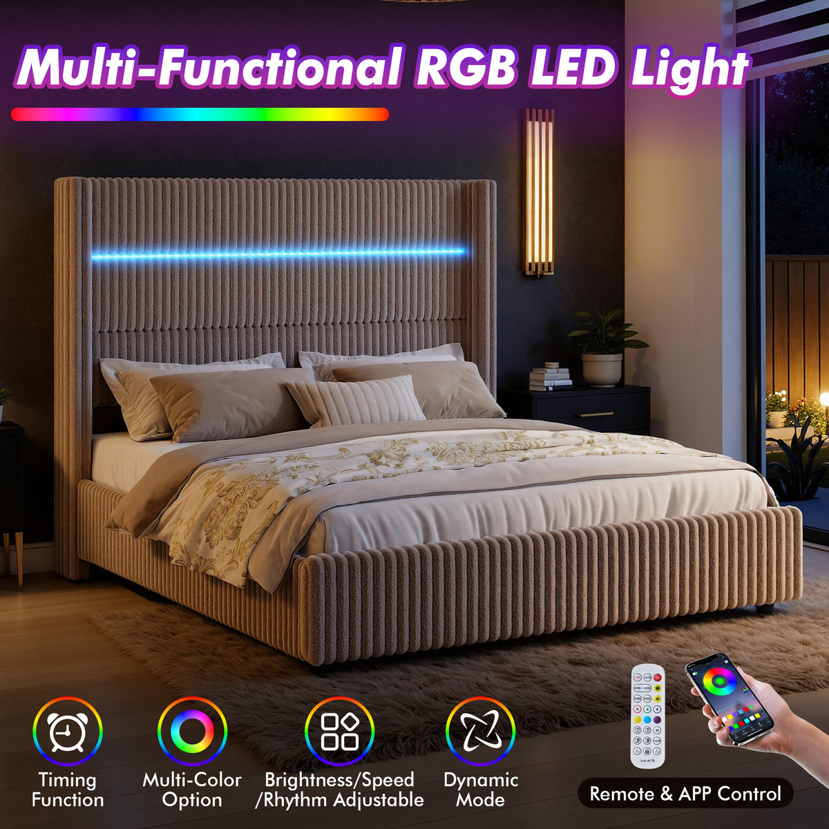 Muff LED Storage Bed Frame Amerlife-BUB141 F Khaki