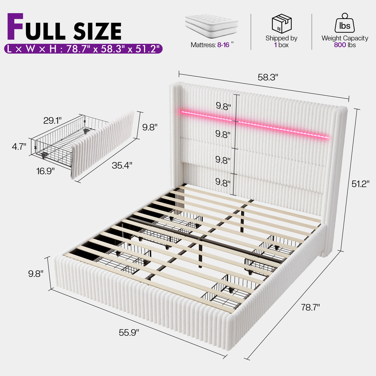 Muff LED Storage Bed Frame Amerlife-BUB141 F White