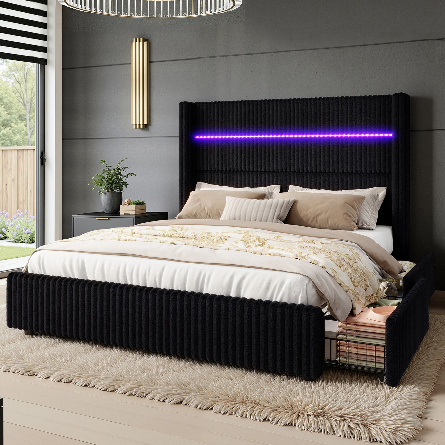 Muff LED Storage Bed Frame Amerlife-BUB141 Q Black