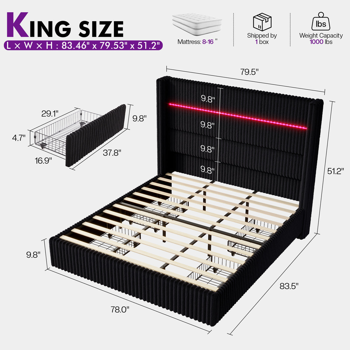 Muff LED Storage Bed Frame Amerlife-BUB141 K Black
