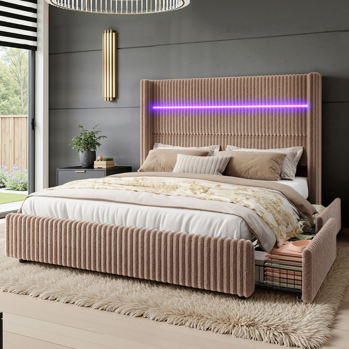 Muff LED Storage Bed Frame Amerlife-BUB141 Q Khaki