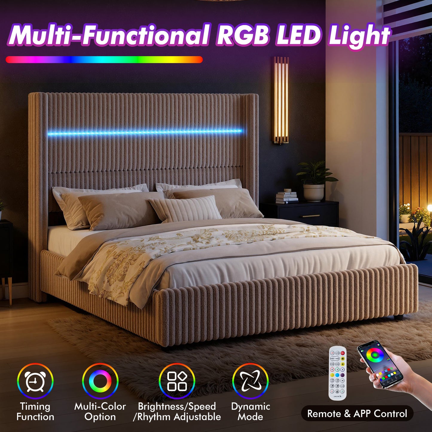 Muff LED Storage Bed Frame Amerlife-BUB141 Q Khaki