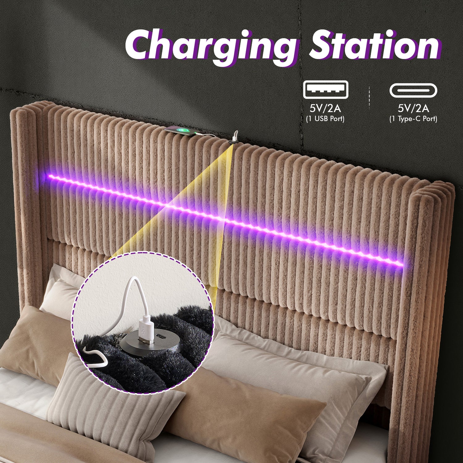 Muff LED Storage Bed Frame Amerlife-BUB141 Q Khaki