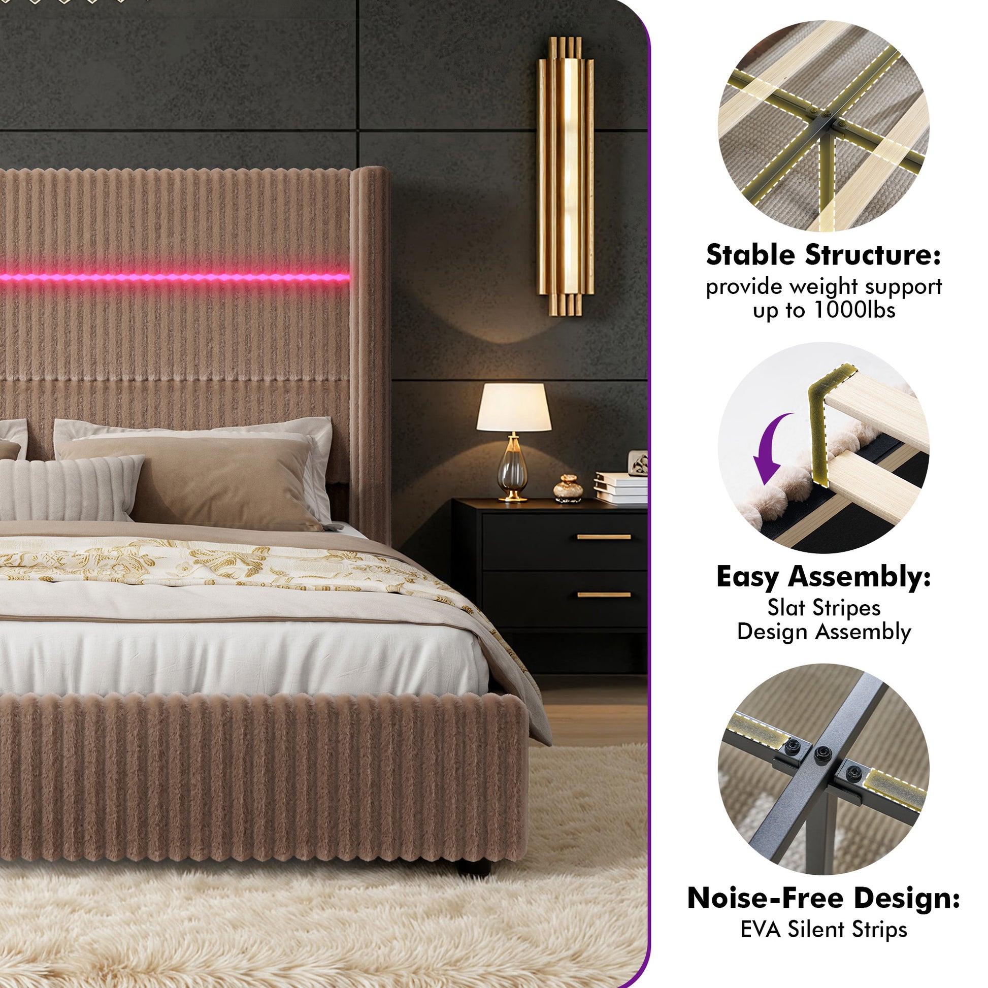Muff LED Storage Bed Frame Amerlife-BUB141 Q Khaki
