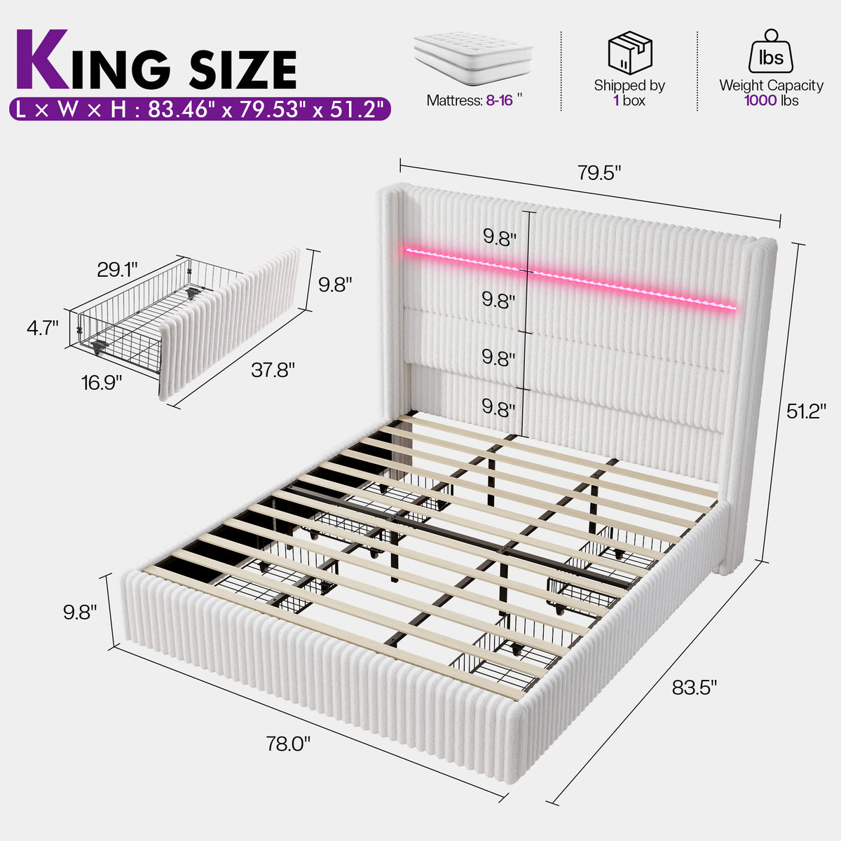 Muff LED Storage Bed Frame Amerlife-BUB141 K White