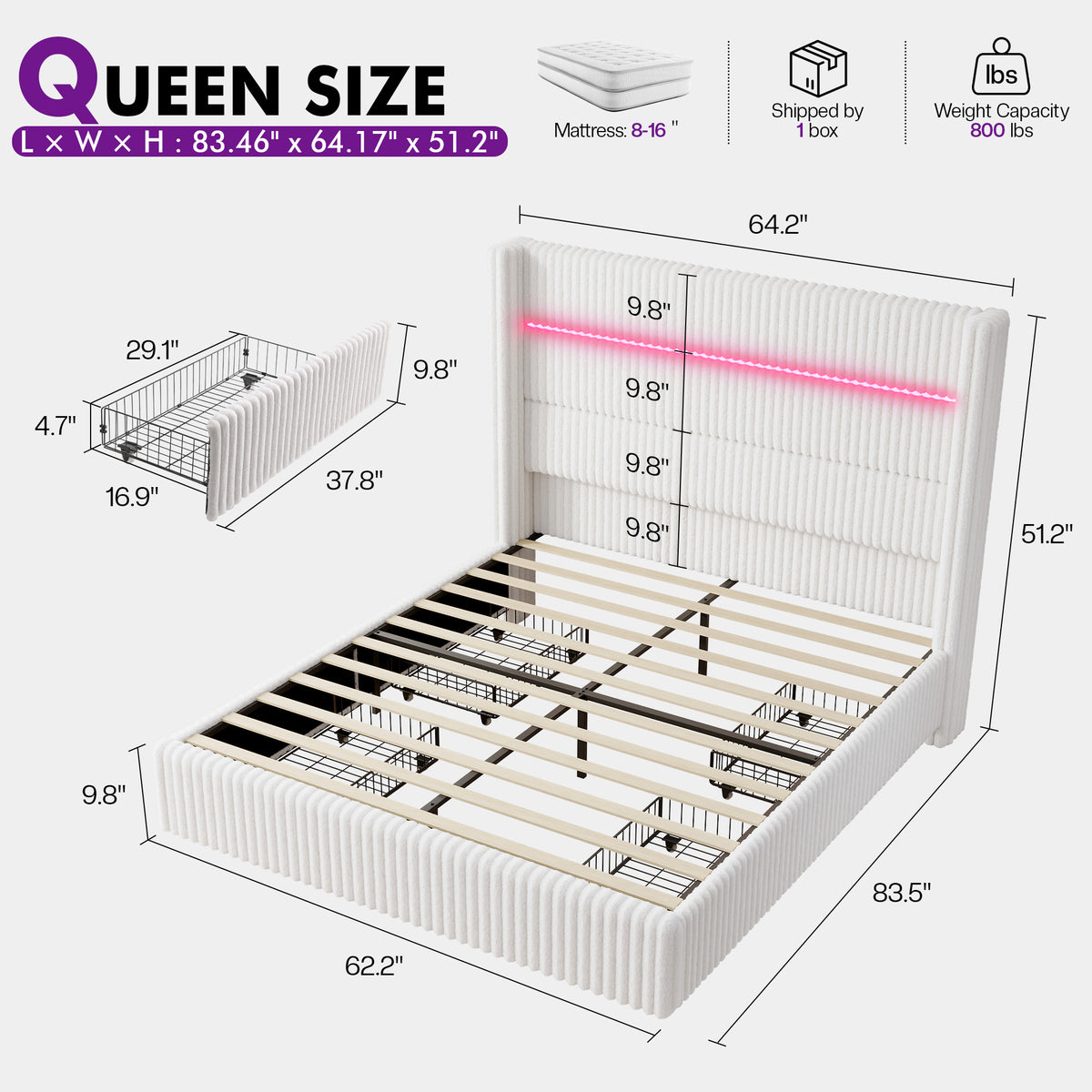 Muff LED Storage Bed Frame Amerlife-BUB141 Q White