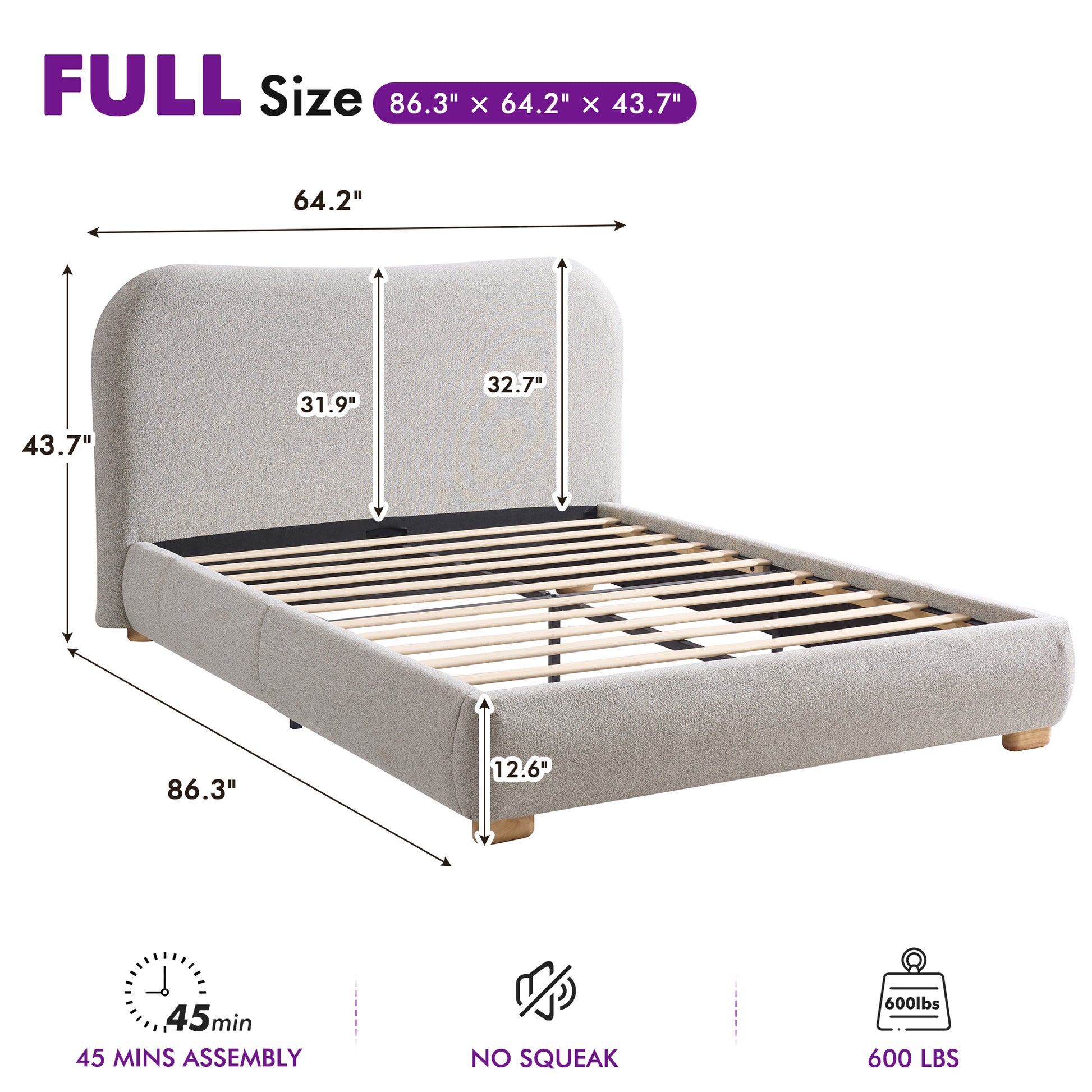 Slump Cloud Curved Upholstered Bed Frame Full Light Gray