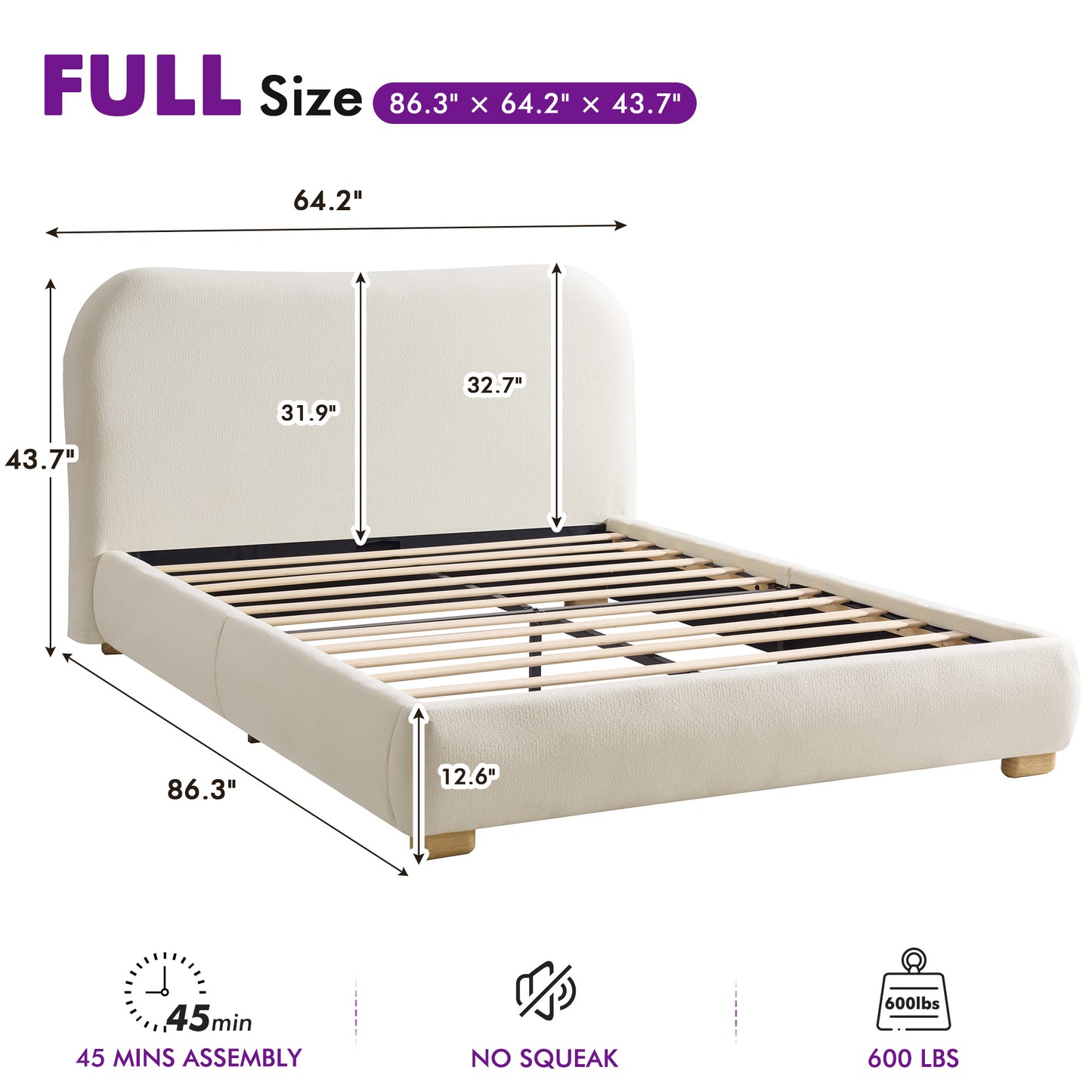 Slump Cloud Curved Upholstered Bed Frame Full White