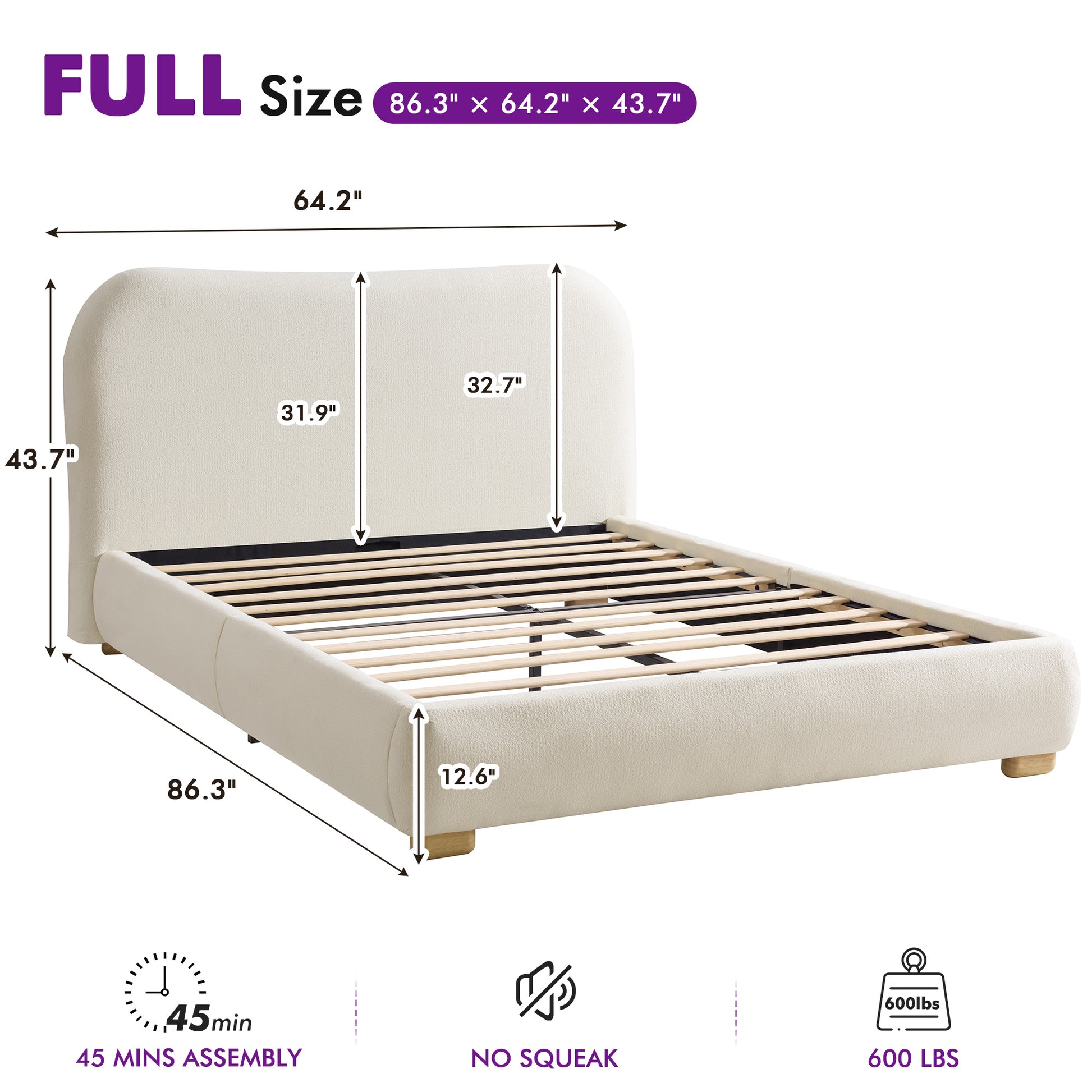 Slump Cloud Curved Upholstered Bed Frame Full White