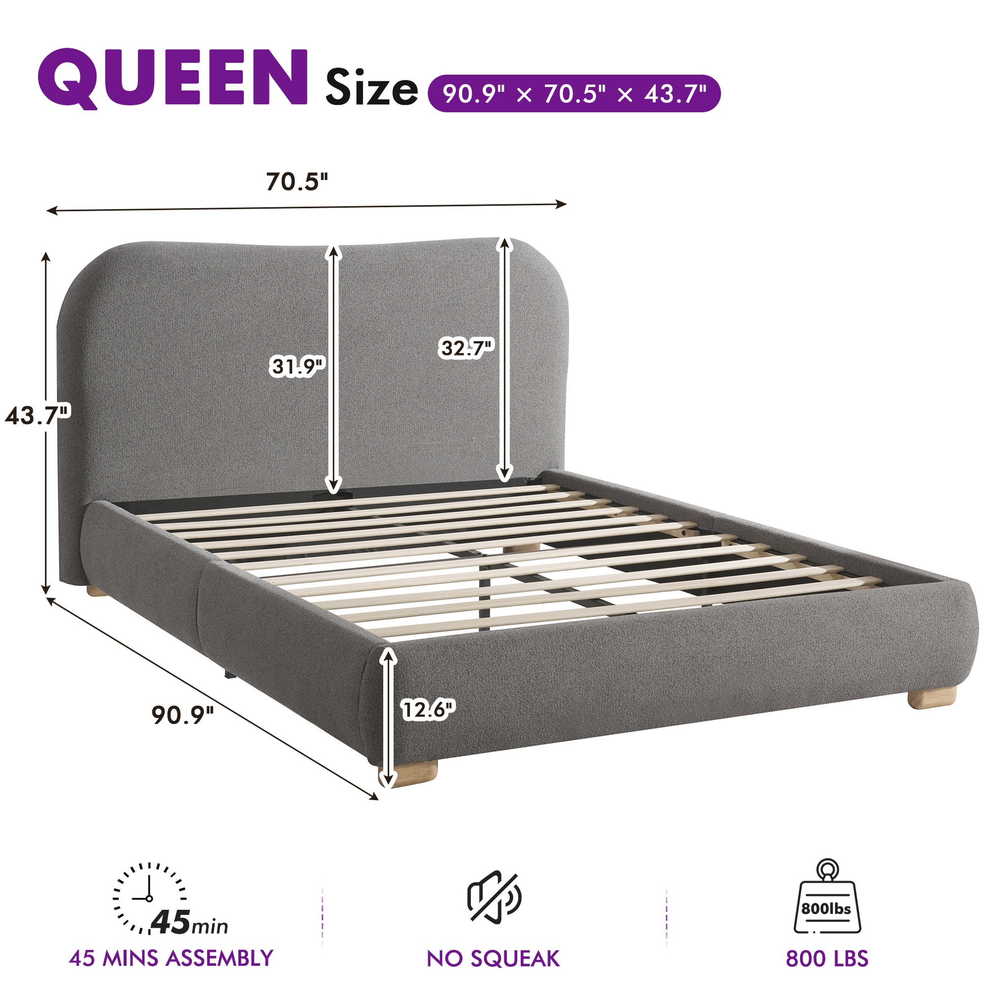 Slump Cloud Curved Upholstered Bed Frame Queen Dark Gray