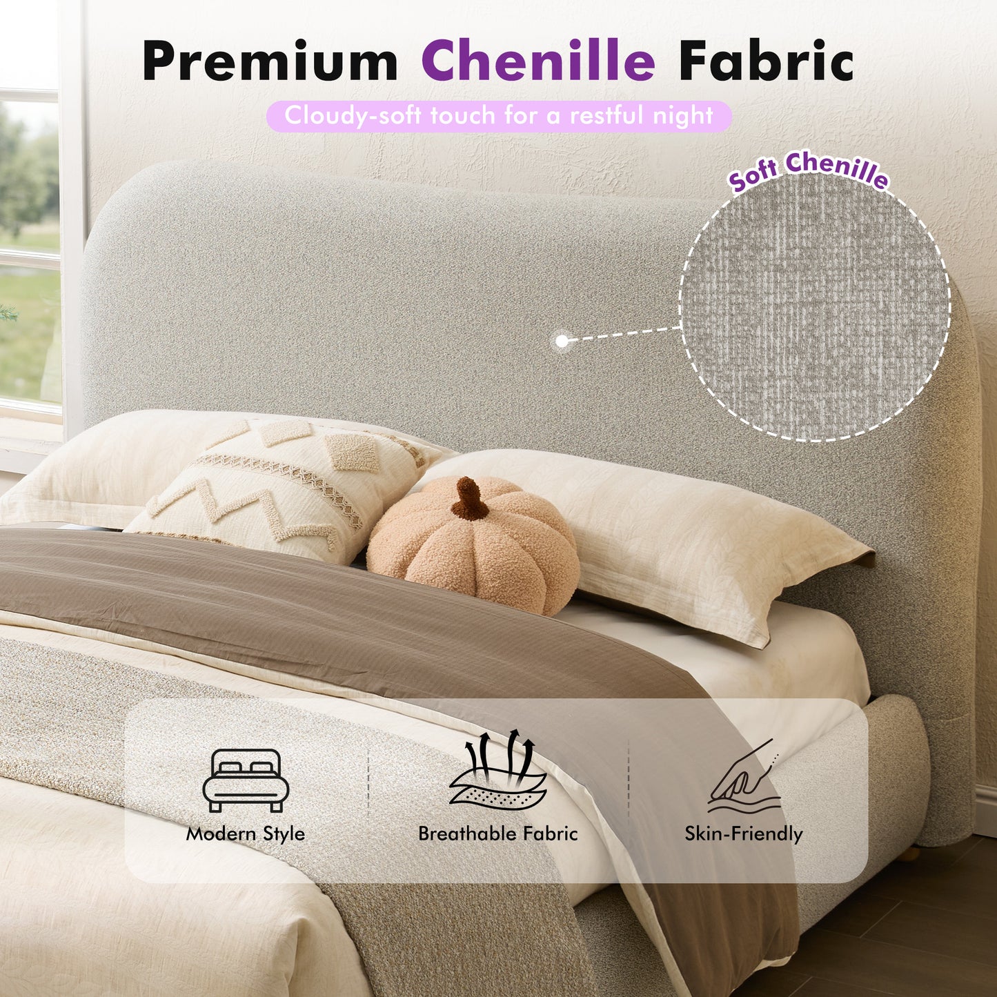 Slump Cloud Curved Upholstered Bed Frame Queen Light Gray