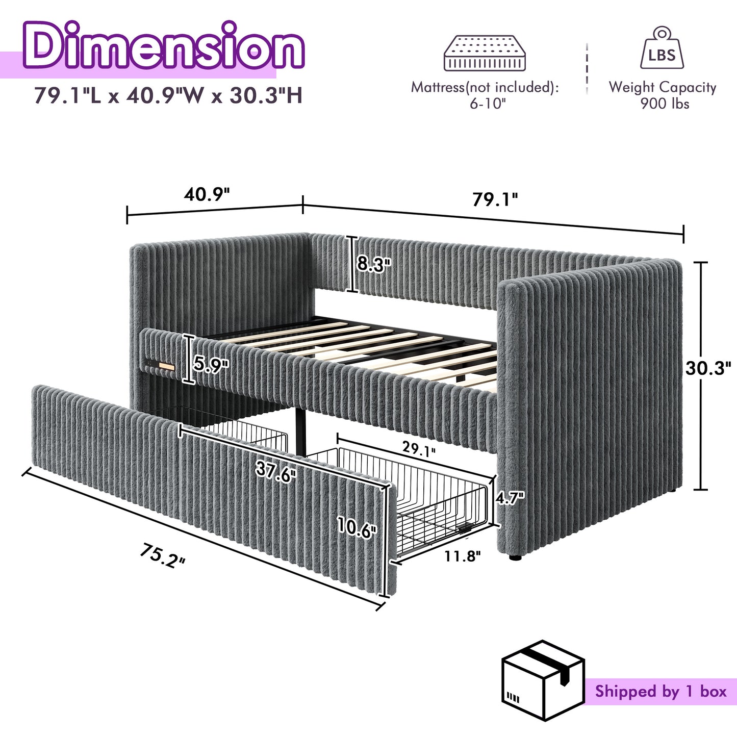Pouf Faux Fur Storage Daybed Amerlife-BUB156 T Grey