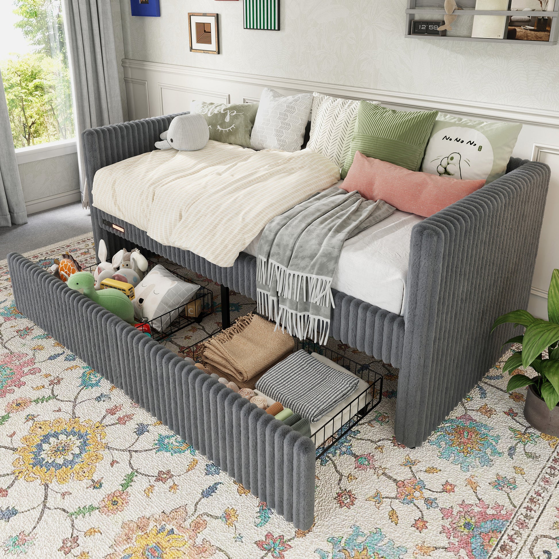 Pouf Faux Fur Storage Daybed Amerlife-BUB156 T Grey