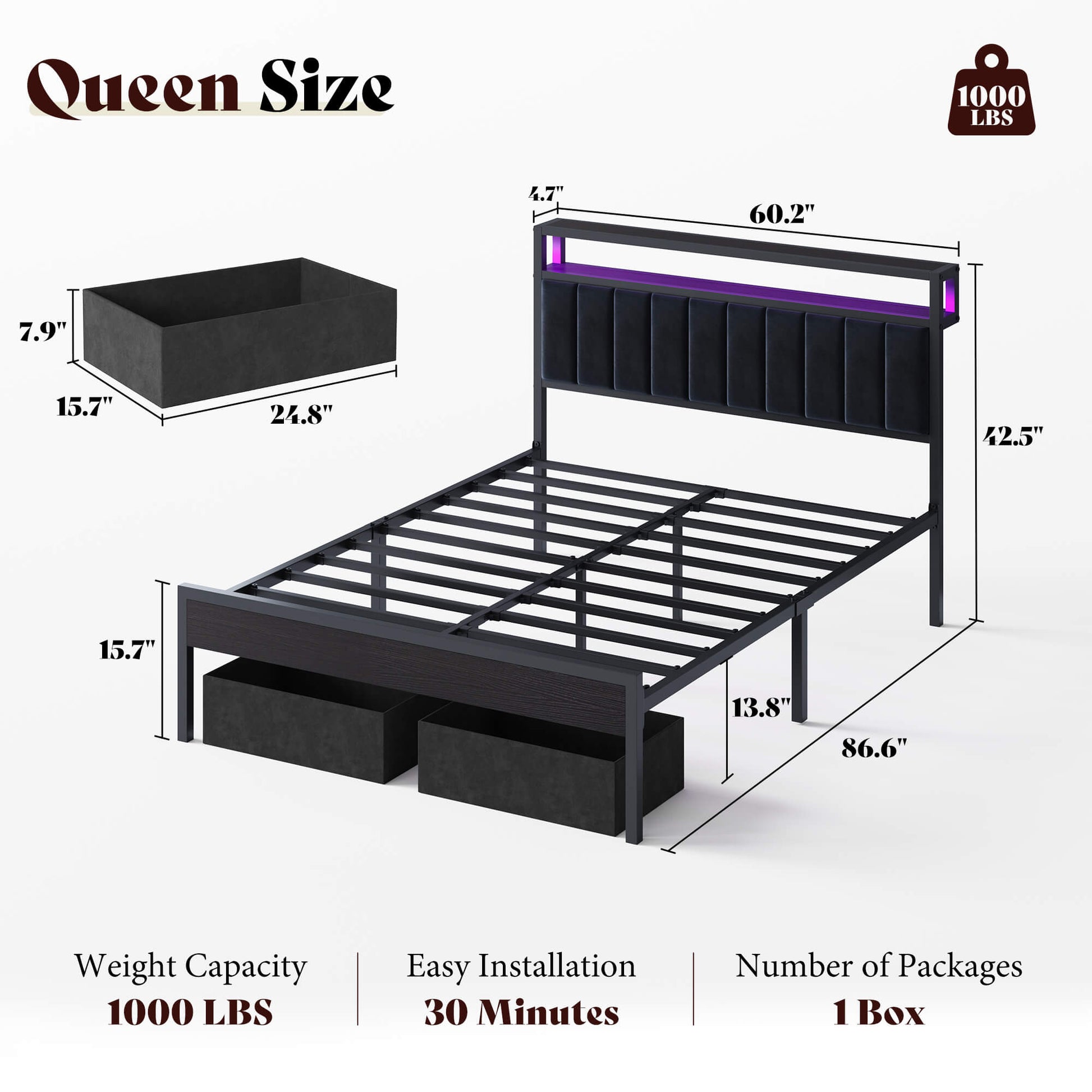 Veltrix LED Storage Velvet Bed Frame Amerlife Queen / Black