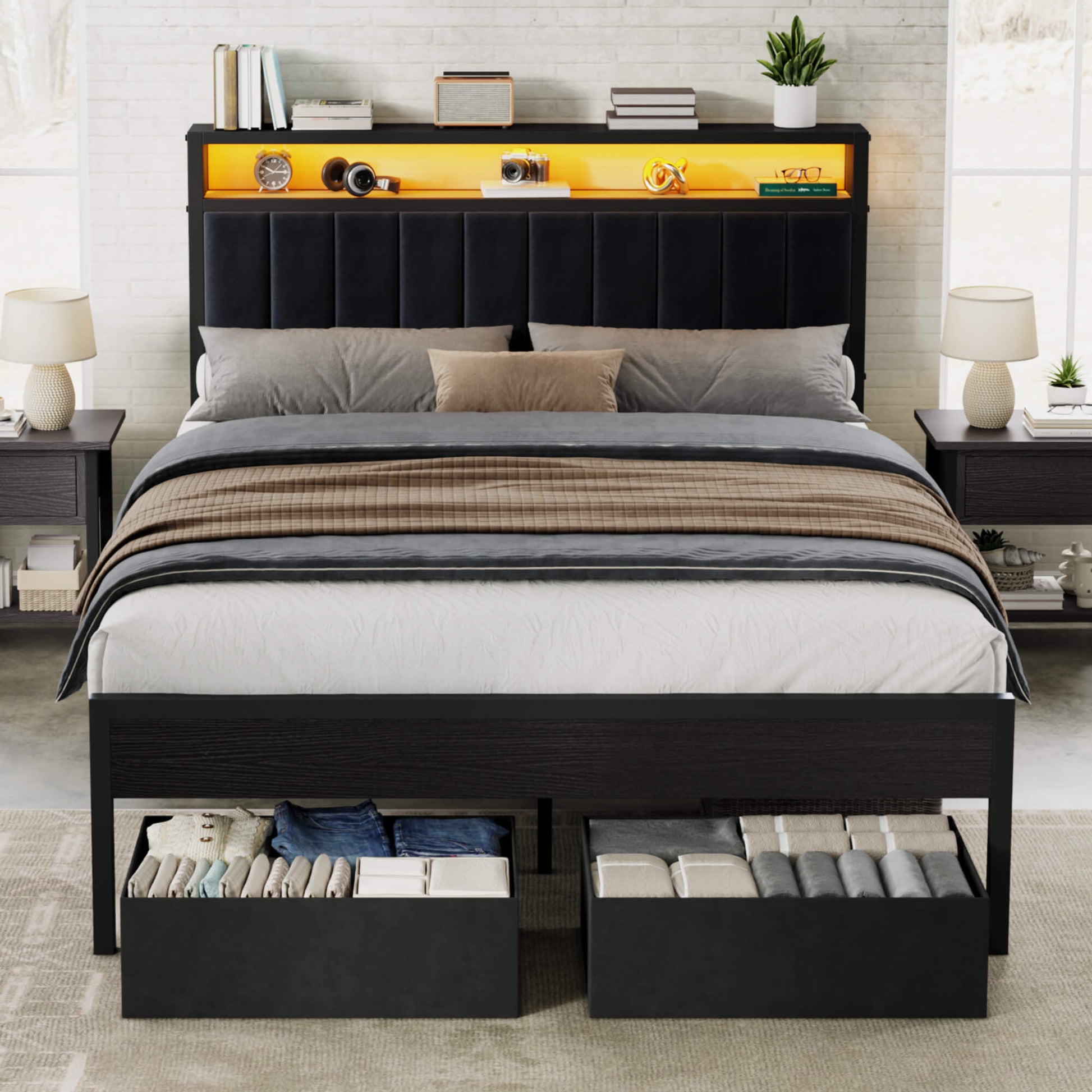 Veltrix LED Storage Velvet Bed Frame Amerlife Queen / Black