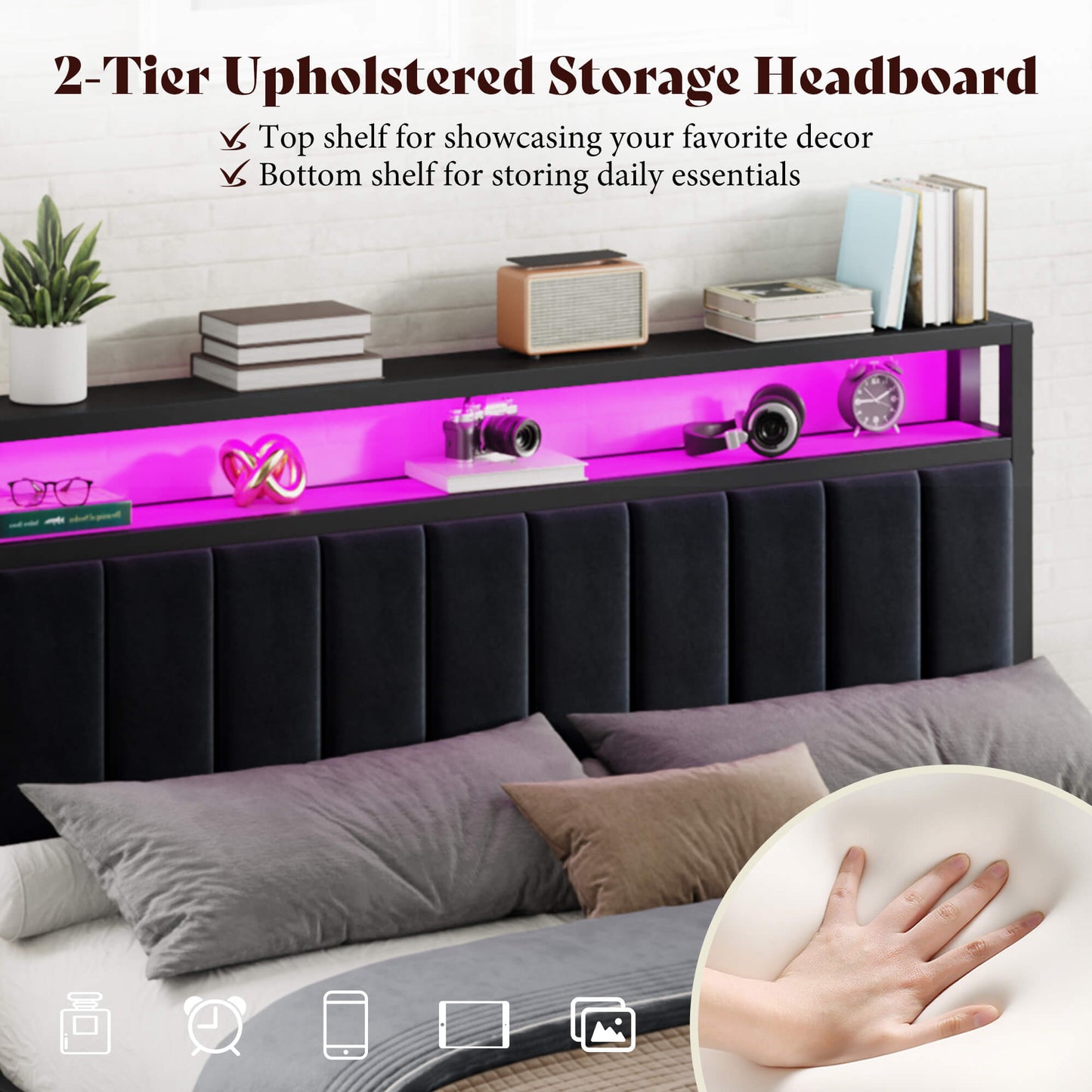 Veltrix LED Storage Velvet Bed Frame Amerlife Queen / Black