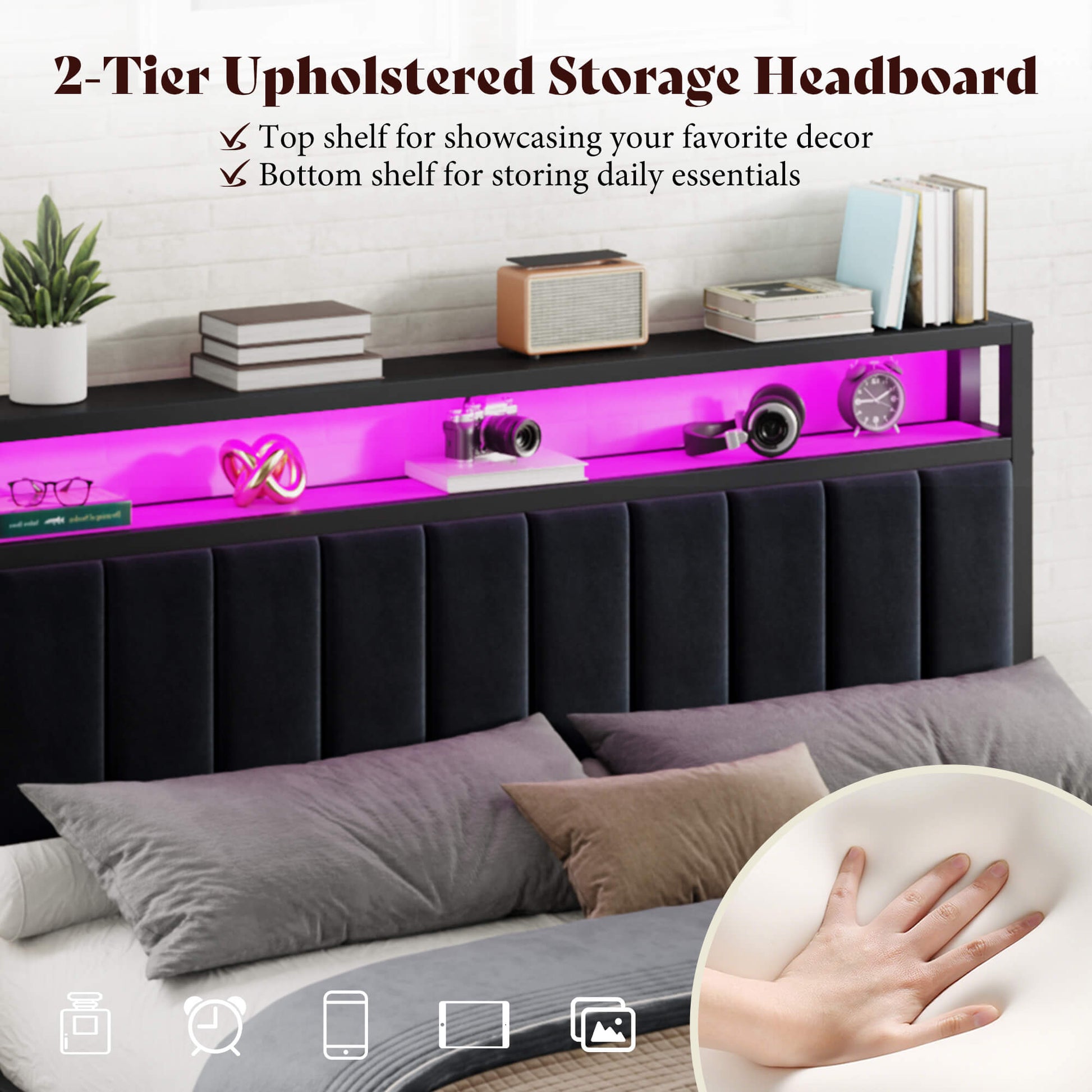 Veltrix LED Storage Velvet Bed Frame Amerlife Queen / Black