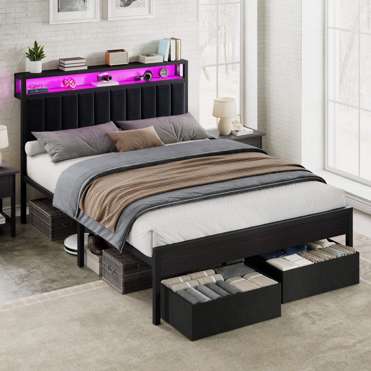 Veltrix LED Storage Velvet Bed Frame Amerlife Queen / Black