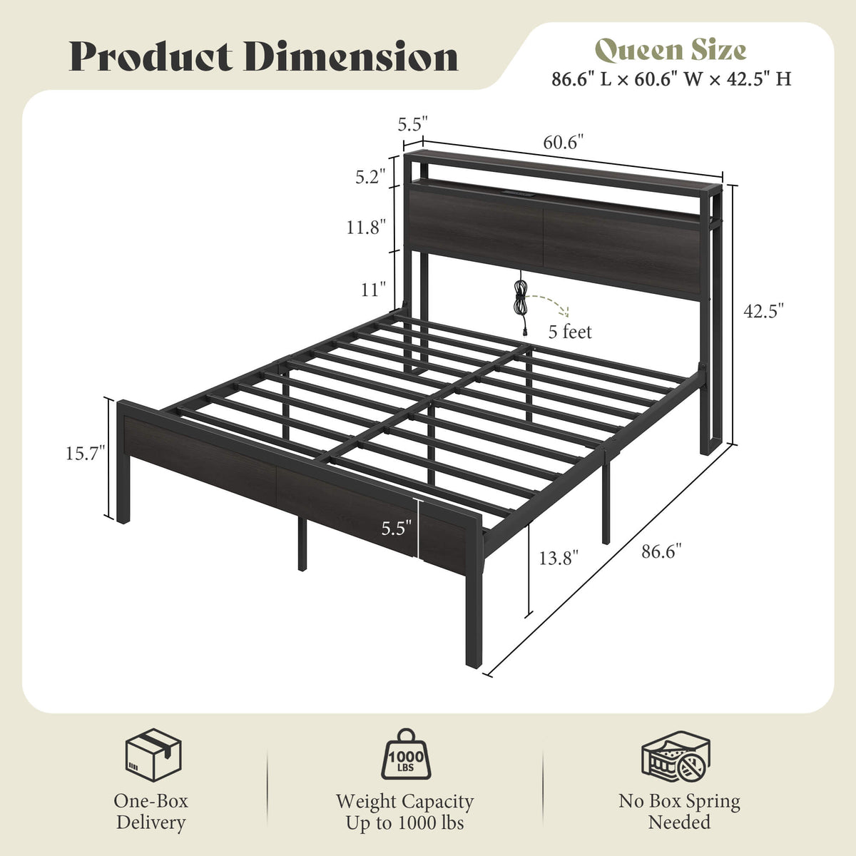 Mello Industrial Bed Frame with Storage & Charging - F-Black
