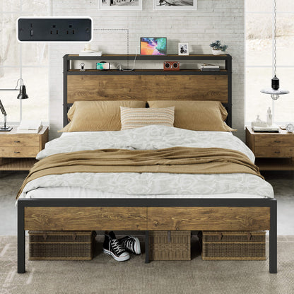Mello Industrial Bed Frame with Storage & Charging - F-RusticBrown