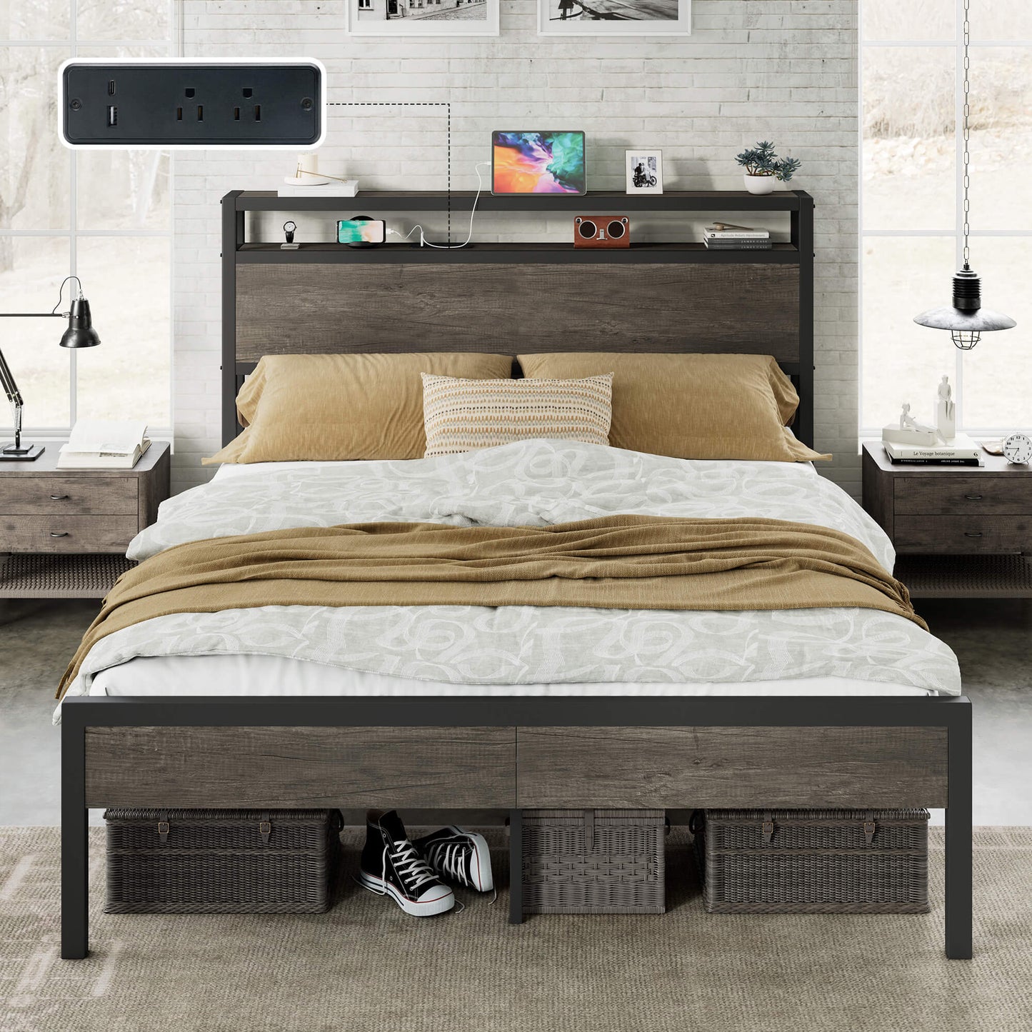 Mello Industrial Bed Frame with Storage & Charging - F-RusticGrey