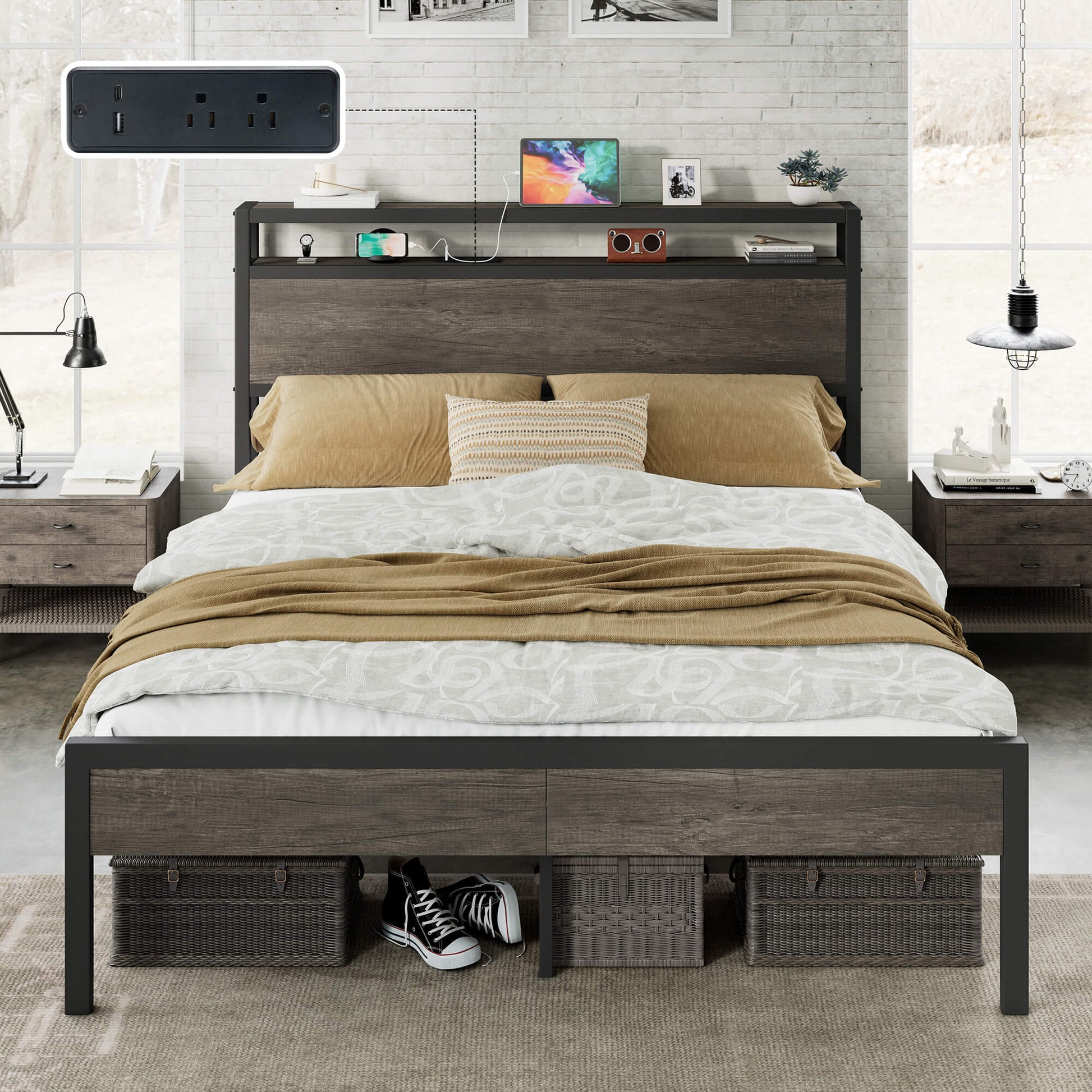 Mello Industrial Bed Frame with Storage & Charging - F-RusticGrey