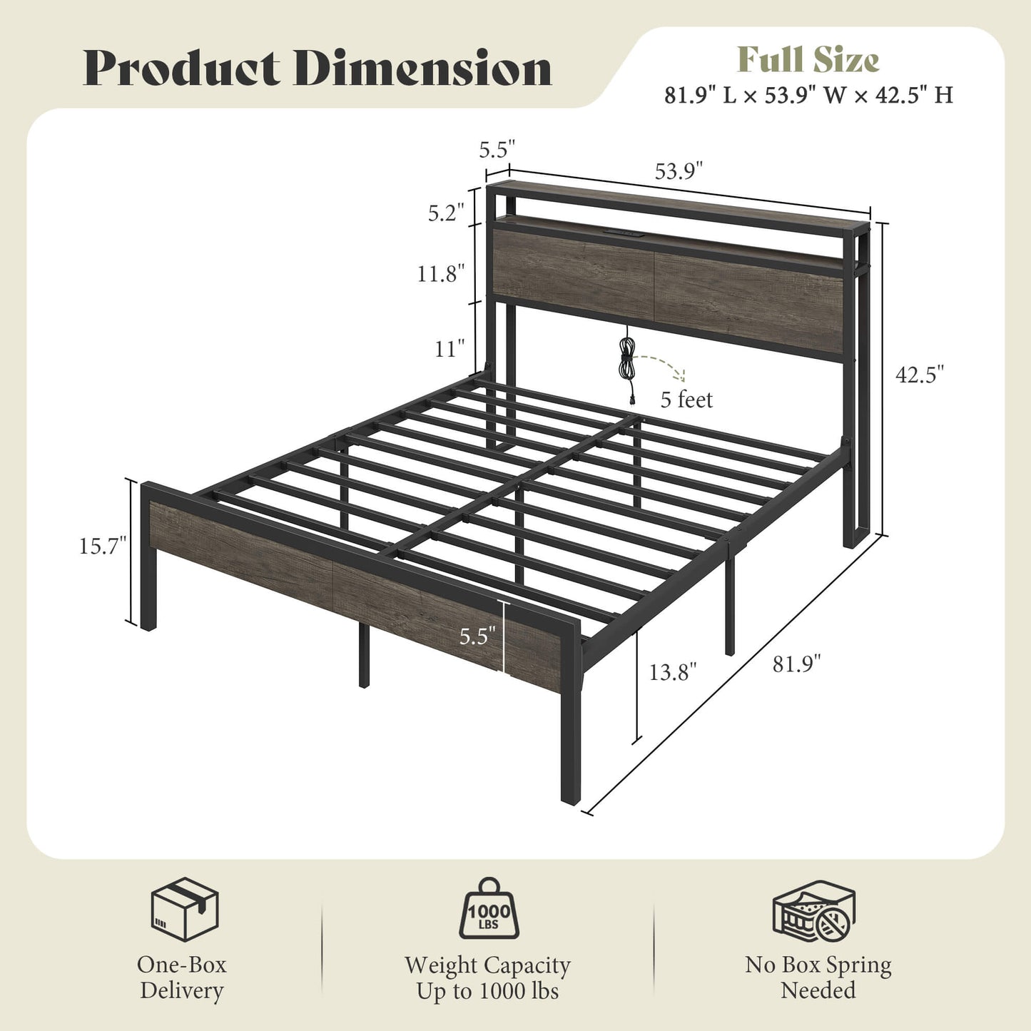Mello Industrial Bed Frame with Storage & Charging - F-RusticGrey