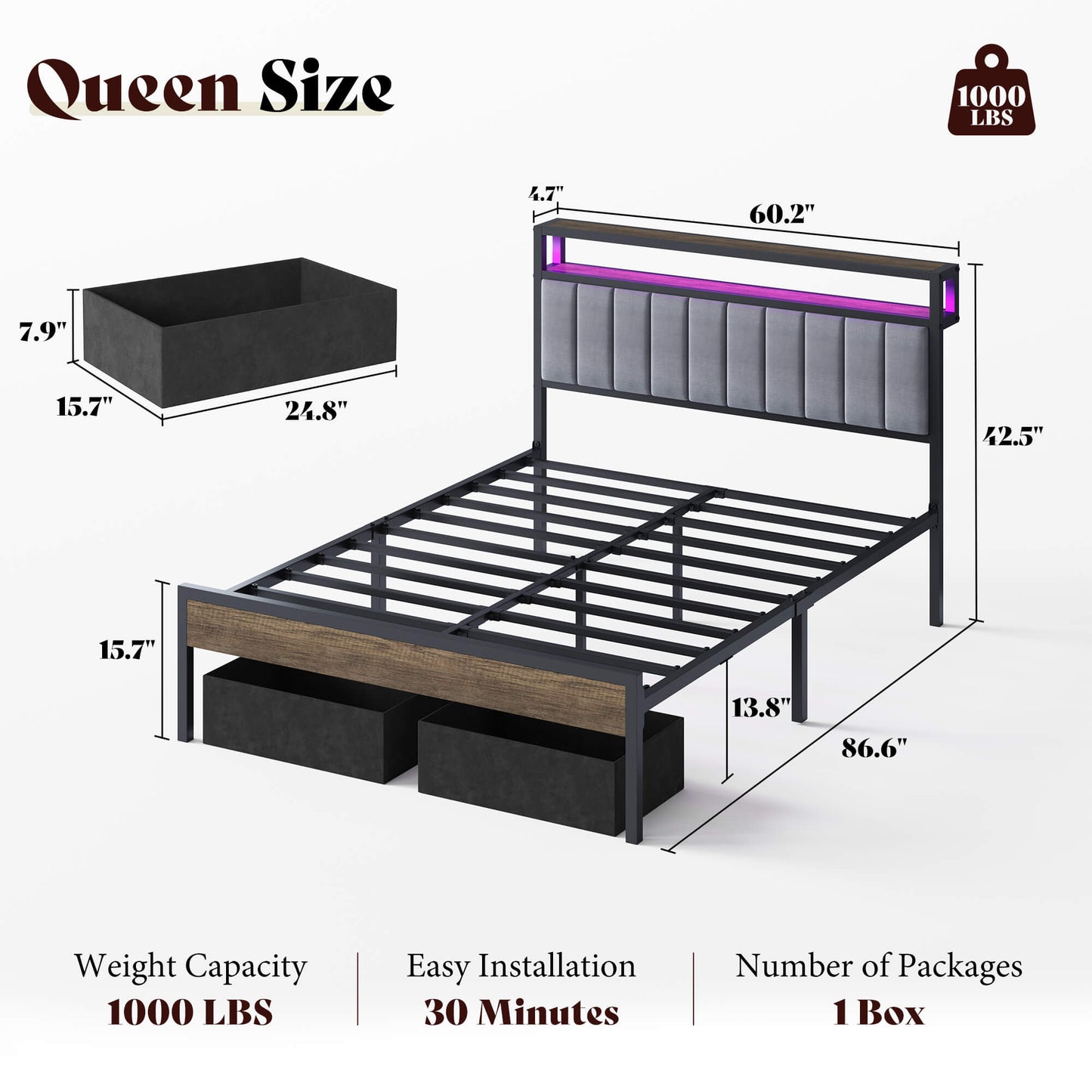 Veltrix LED Storage Velvet Bed Frame Amerlife Queen / Grey