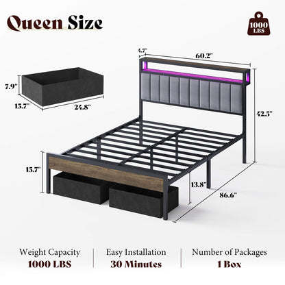 Veltrix LED Storage Velvet Bed Frame Amerlife Queen / Grey