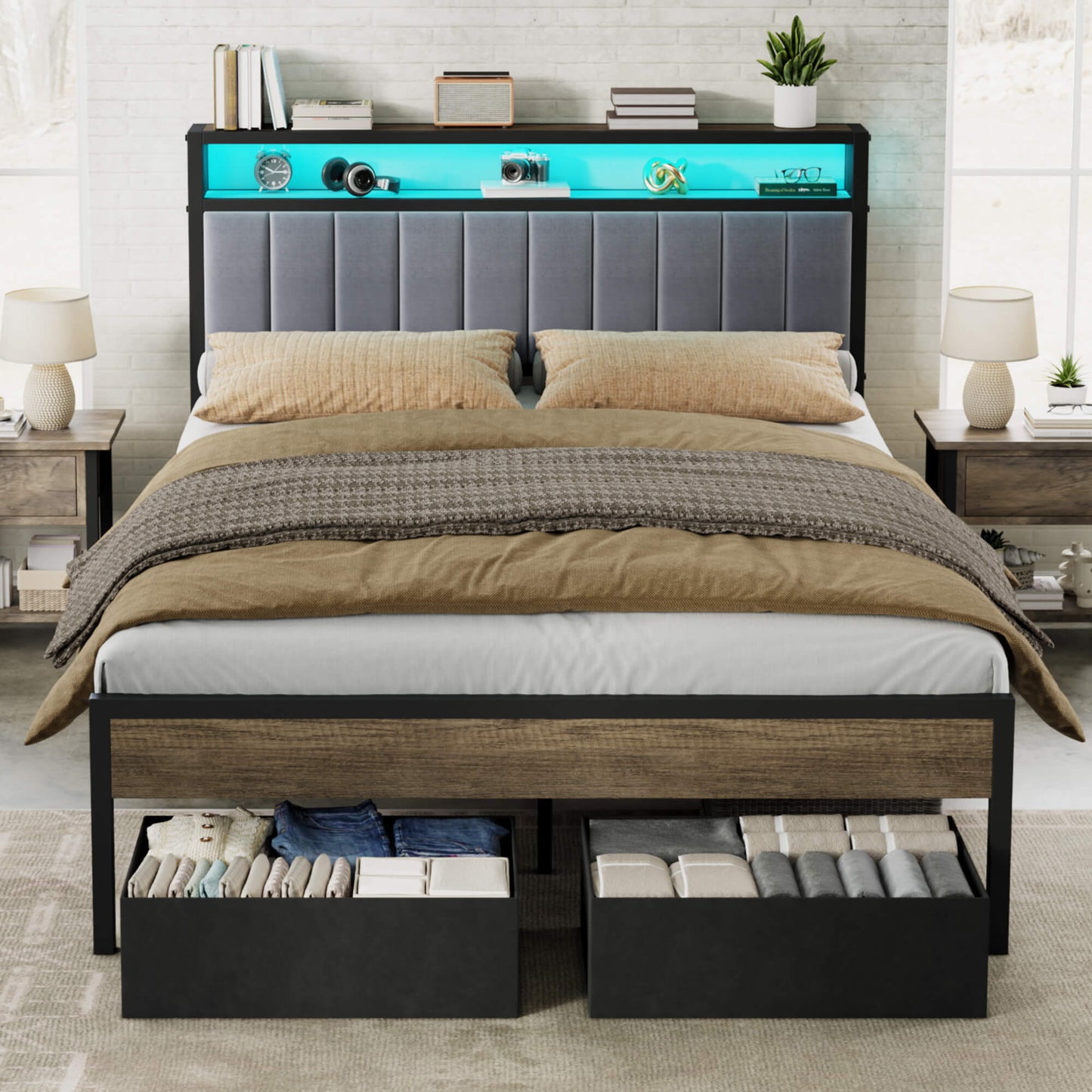Veltrix LED Storage Velvet Bed Frame Amerlife Queen / Grey