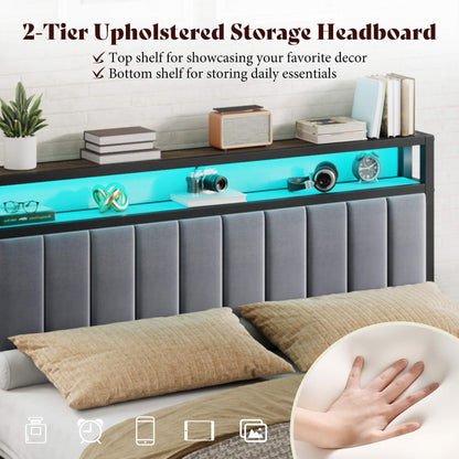 Veltrix LED Storage Velvet Bed Frame Amerlife Queen / Grey