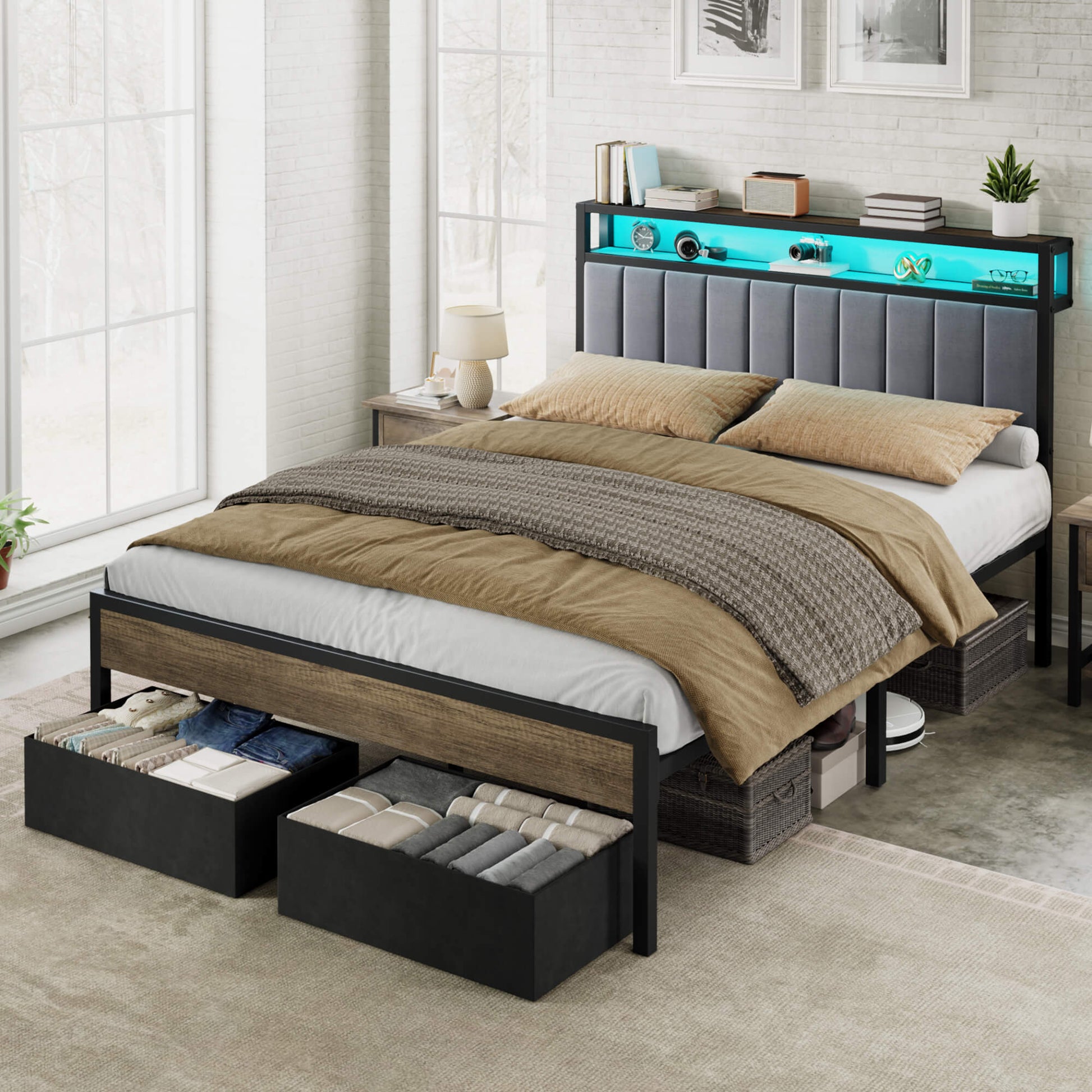 Veltrix LED Storage Velvet Bed Frame Amerlife Queen / Grey