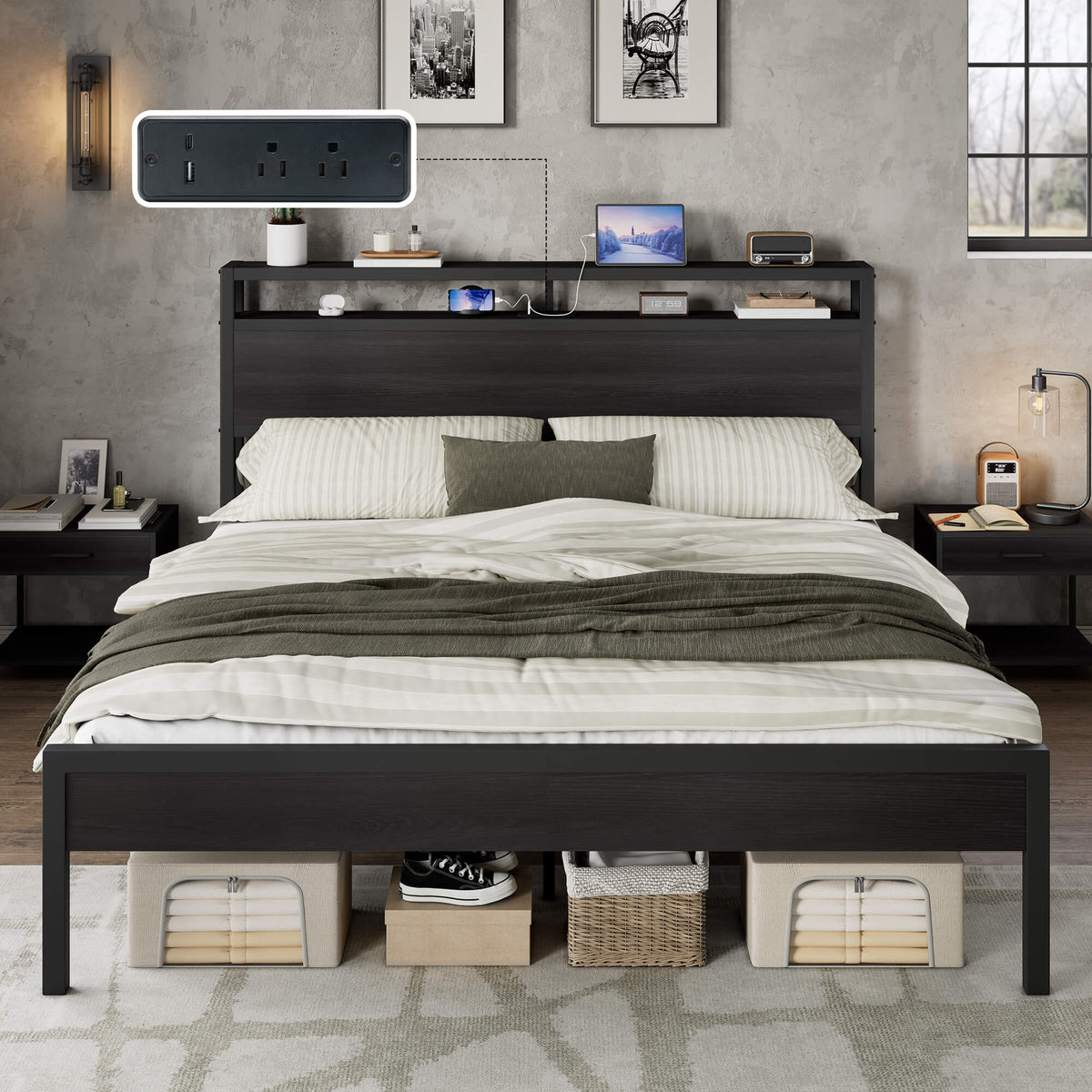 Mello Industrial Bed Frame with Storage & Charging - K-Black