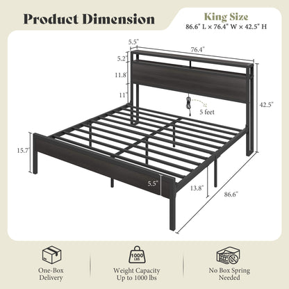 Mello Industrial Bed Frame with Storage & Charging - K-Black
