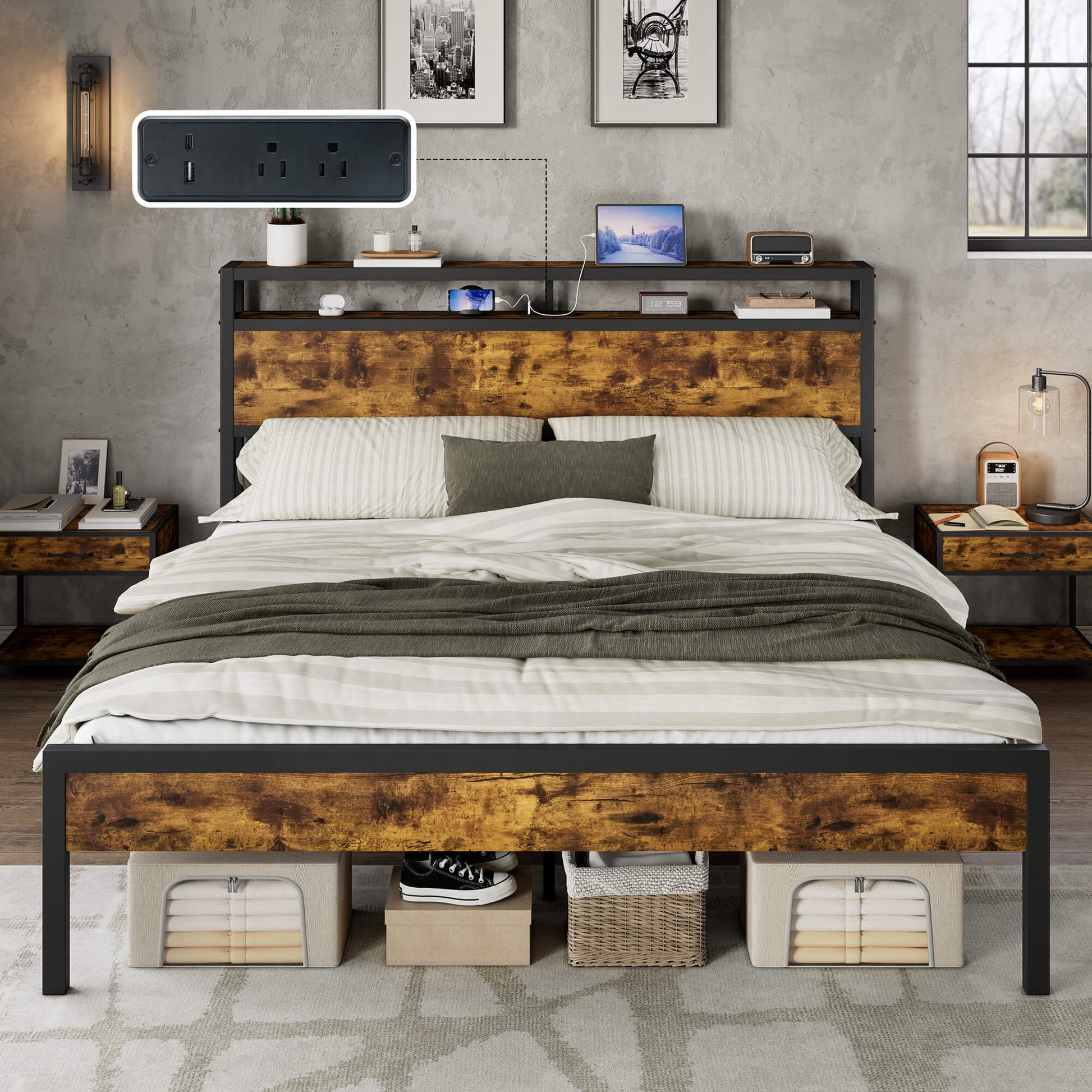 Mello Industrial Bed Frame with Storage & Charging - K-DarkBrown