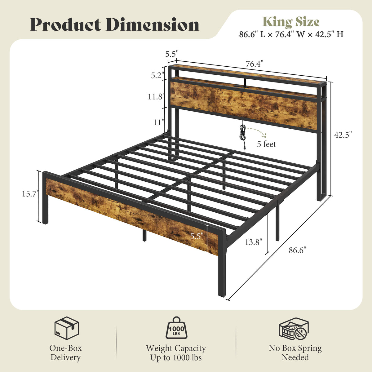 Mello Industrial Bed Frame with Storage & Charging - K-DarkBrown