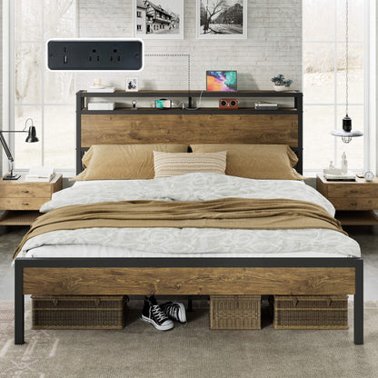 Mello Industrial Bed Frame with Storage & Charging - K-RusticBrown