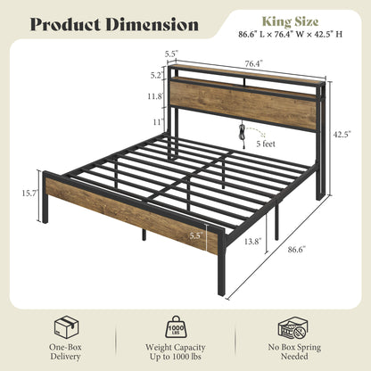 Mello Industrial Bed Frame with Storage & Charging - K-RusticBrown