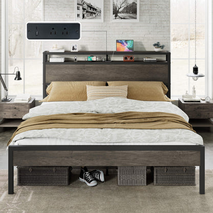 Mello Industrial Bed Frame with Storage & Charging - K-RusticGrey