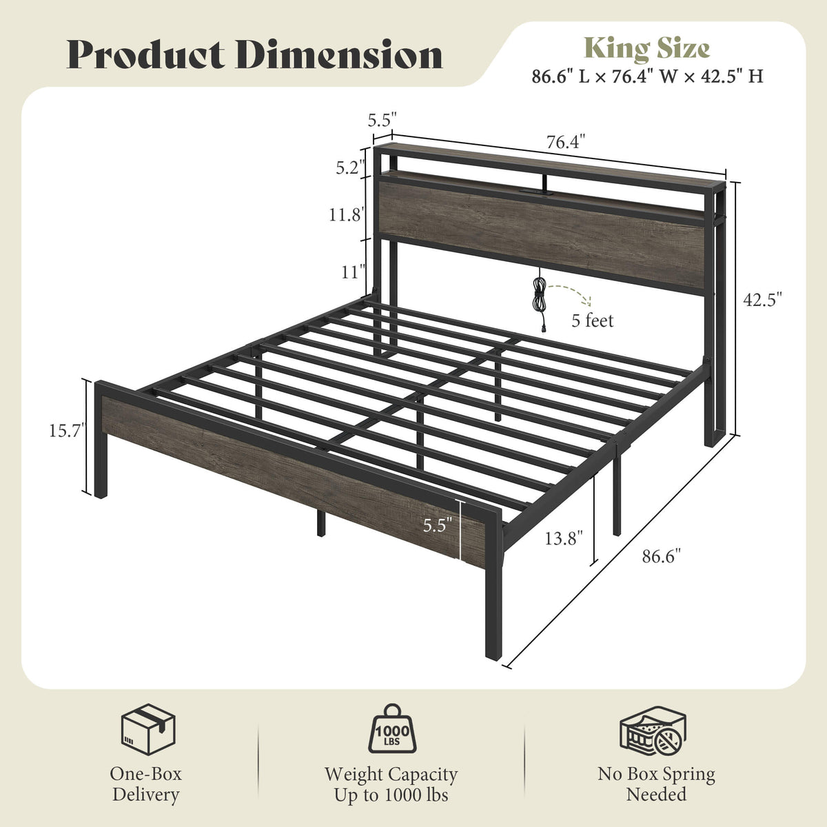 Mello Industrial Bed Frame with Storage & Charging - K-RusticGrey