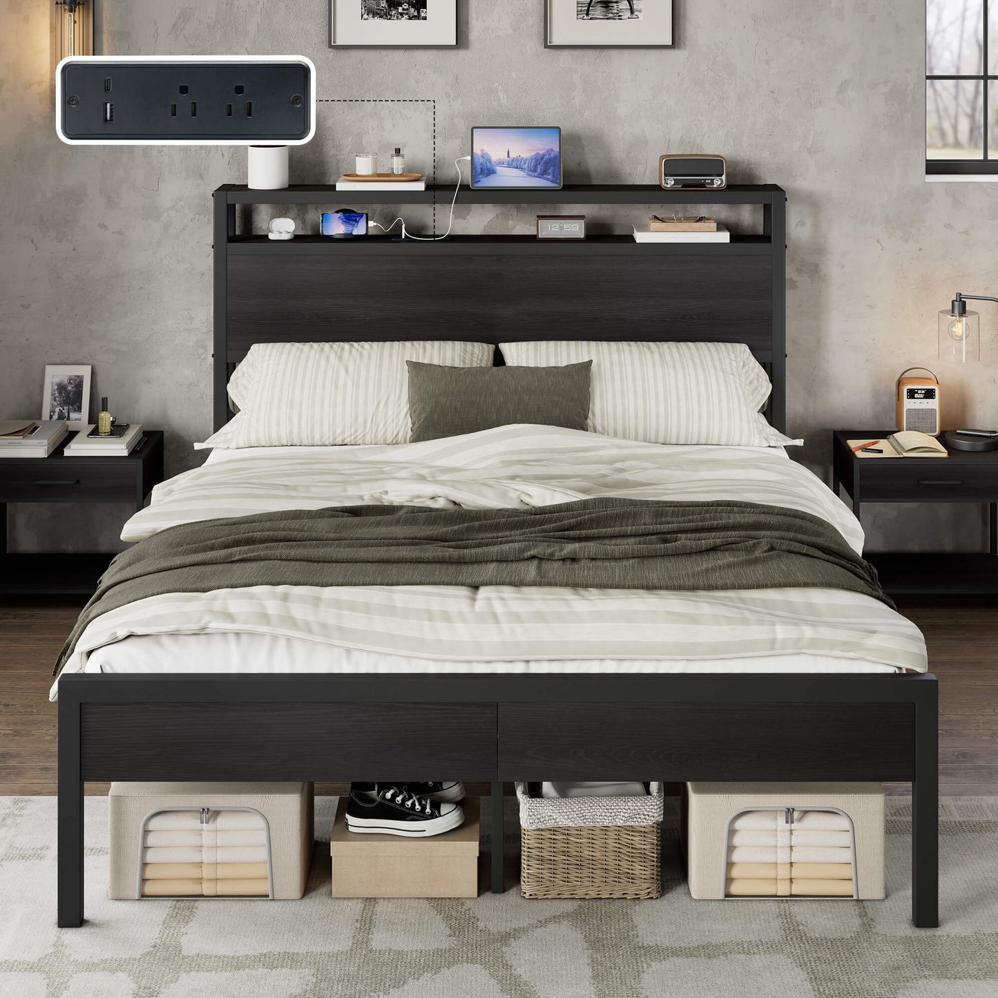 Mello Industrial Bed Frame with Storage & Charging - Q-Black