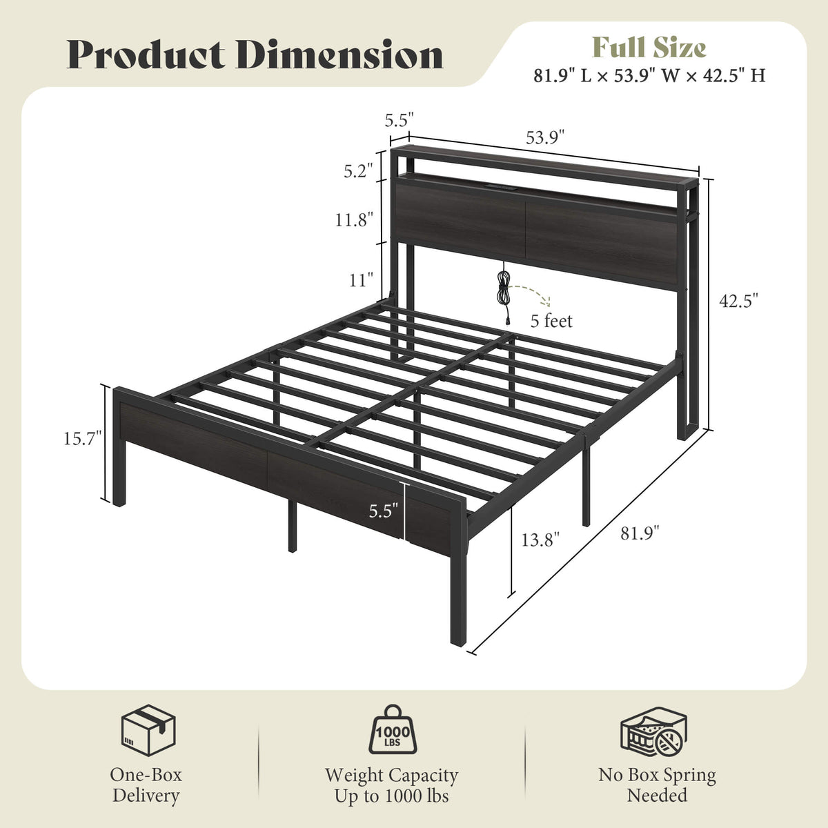 Mello Industrial Bed Frame with Storage & Charging - Q-Black